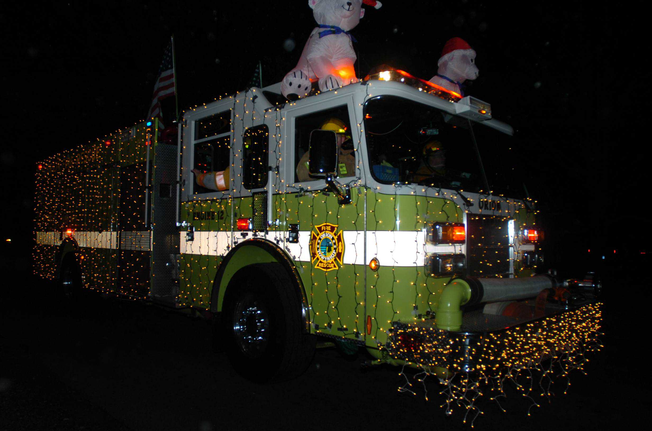 Orion Fire Department Fire Truck dressed in lights for the Annual Holiday Lighted Parade in Lake Orion.