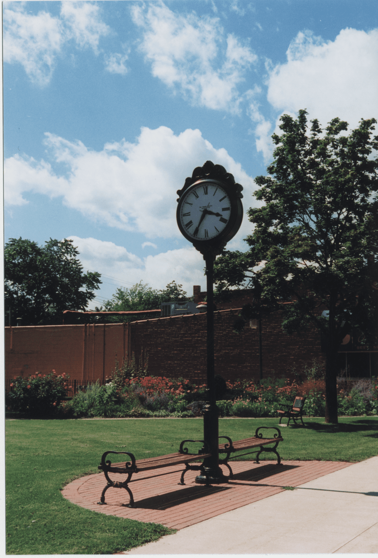 Centennial Park clock on a sunny day in Downtown Oxford